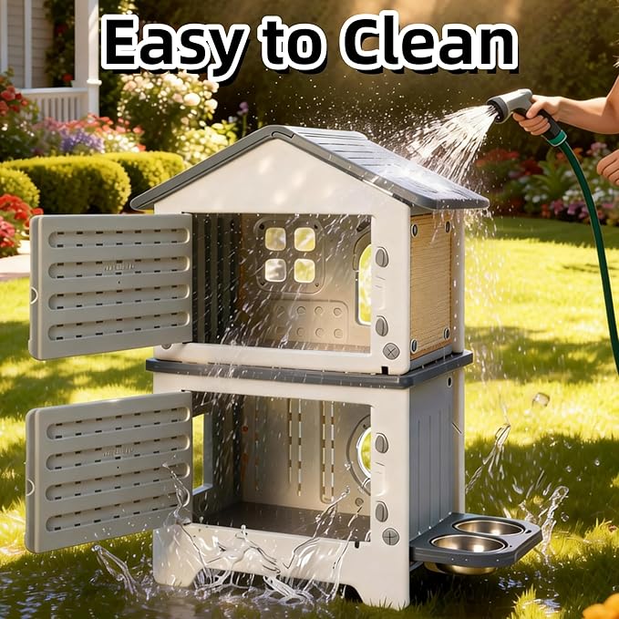 Insulated Outdoor Cat House Weatherproof for Feral Multi Cat, 2 Story Plastic Elevated Cat Shelter with Escape Door, Scratching Post, Stainless Steel Bowl, Grey 35" D x 15" W x 20" H