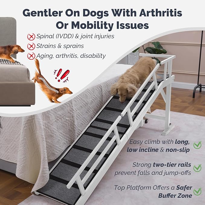 Dog Ramp for Bed or Couch, Wooden Pet Ramp with 20° Gentle Slope, Removable Side Rails, Non-Slip Surface, Top Platform & Wheels, Safe Bed Ramp for Small, Large & Senior Dogs, 74" Long, White