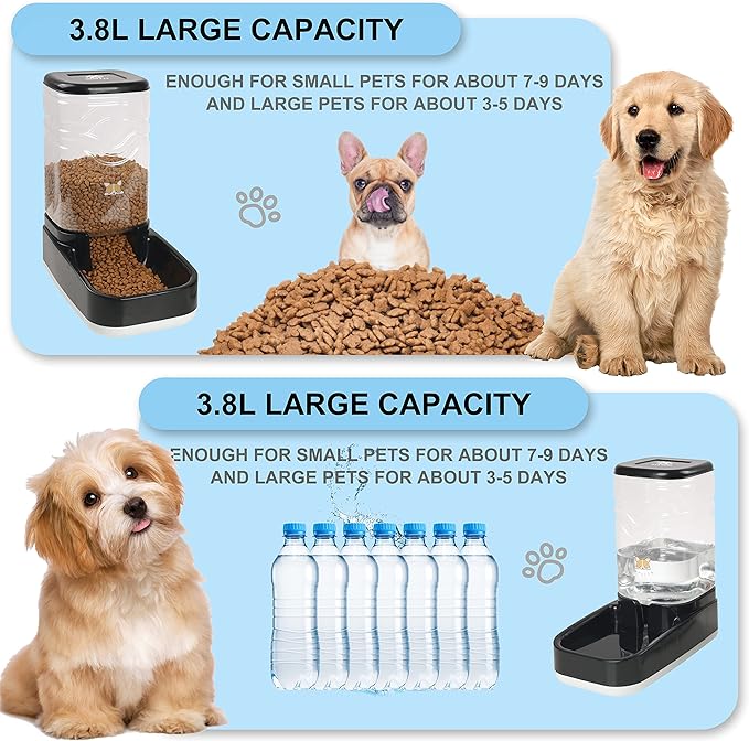 Elevon Automatic Cat Feeder, Gravity Food and Water Dispenser Bowl Set for Small Medium Dogs Animals, Pet Feeder Dispenser Storage Food, 3.8L Large Capacity, Black