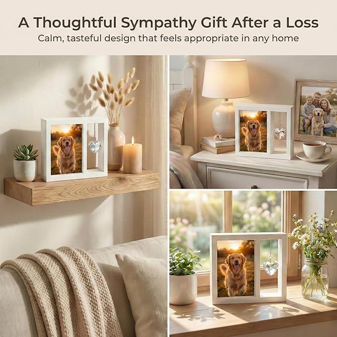 Dog Memorial Gift for Loss of Dog – 4x6 Wooden Photo Frame with Crystal Heart Suncatcher, Pet Memorial Picture Frame Keepsake