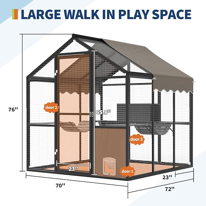Large Outdoor Cat Enclosure for Multiple Cats - Weatherproof Catio with UV Cover, Platform & Side Door