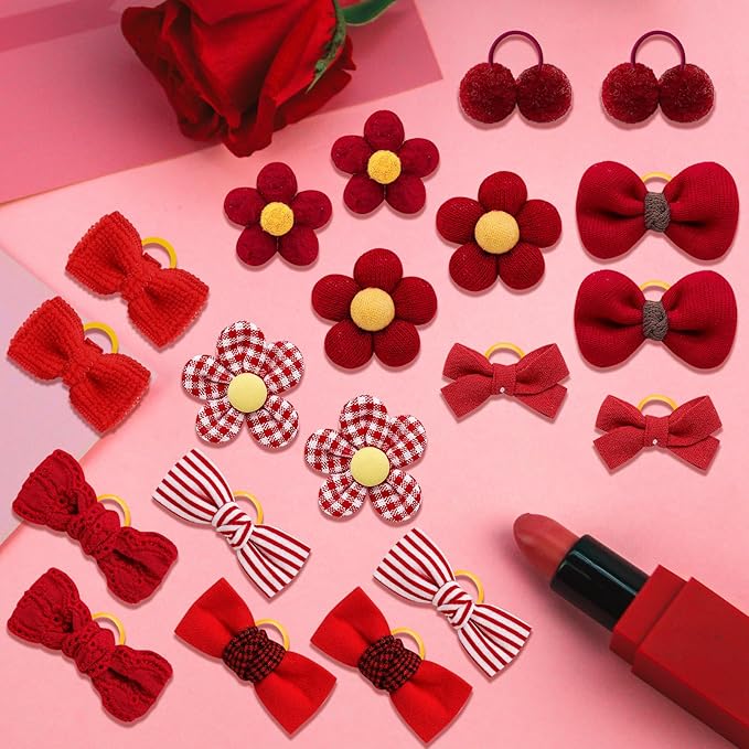 20pc Red Small Dog Hair Bows with Rubber Bands, Bulk Puppy Dog Hair Bows, Mix Handmade Cute Dog Gooming Flower Ball Bowknot Top Knot for Holiday Daily Yorkie Dog Hair Accessories