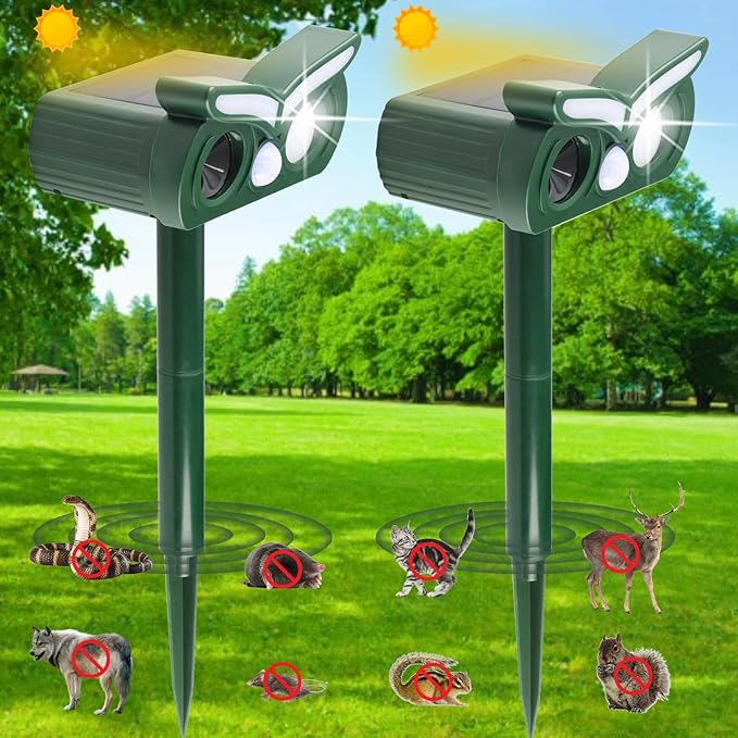 2pcs Solar Ultrasonic Animal Repellent Outdoor,Deer Repellent,Squirrel Repellent,Mouse Repellent,Cat Repellent Outdoor,Devices Motion Detection Waterproof with LED Flash Lights for Yard Farm Garden