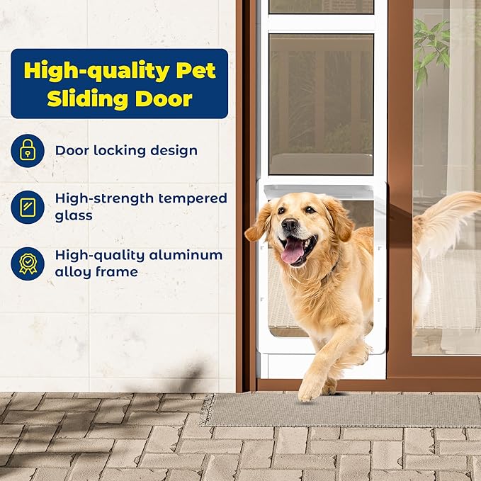 Large Dog Door for Sliding Glass Doors,No-Cut DIY Install Pet Door- Aluminum Frame& Panel & Lock, Adjustable Height 83”-91 1/5”, Suitable for Dogs Up to 105 lbs -White