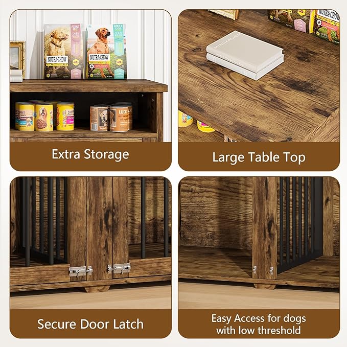 Furniture Dog Crate for Two Dogs, 41 Inch Farmhouse Style Dog Kennel with Removable Divider and Thickened Desktop, Heavy-Duty Base for Small to Medium Dogs, Rustic Brown
