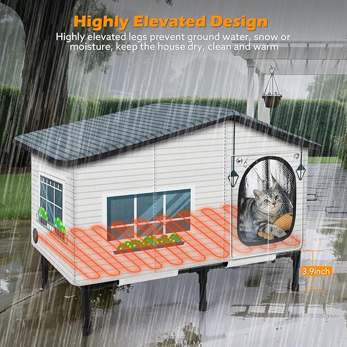 GASUR Weatherproof Heated Cat House for Outside Cats, Outdoor Cat House with Cats Heated Pad for Winter, Insulated Heating Cat Houses, Elevated Safe Feral Cat Houses Heat Cat Shelter (20"x17"x16")