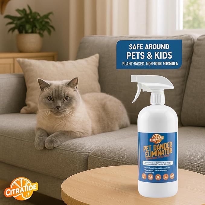 Dander Eliminator Spray – Plant-Based Pet Allergy & Dander Remover – Breaks Down Pet Dander, Dust Mites & Odors Naturally – Safe for Bedding, Furniture & Carpets – USA Made 32oz