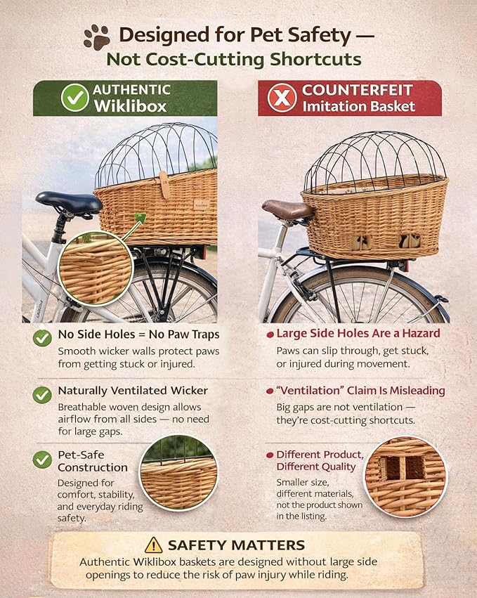 Natural Wicker Dog Bike Basket - 100% Organic Rattan Pet Carrier with Protective Grille - Eco Friendly Design - Soft Cotton Cushion & Mounting Bracket for Secure Bicycle Rear Luggage Rack