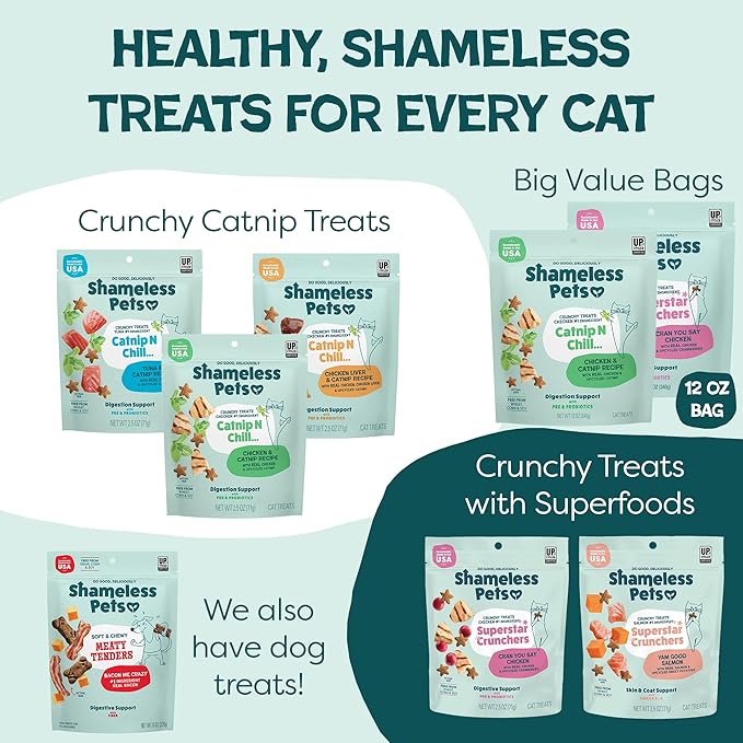 Shameless Pets Crunchy Cat Treats - Catnip Treats for Cats with Digestive Support, Kitten Treats with Real Ingredients, Natural & Healthy Flavored Feline Snacks - Catnip N Chill Tuna, 12 oz