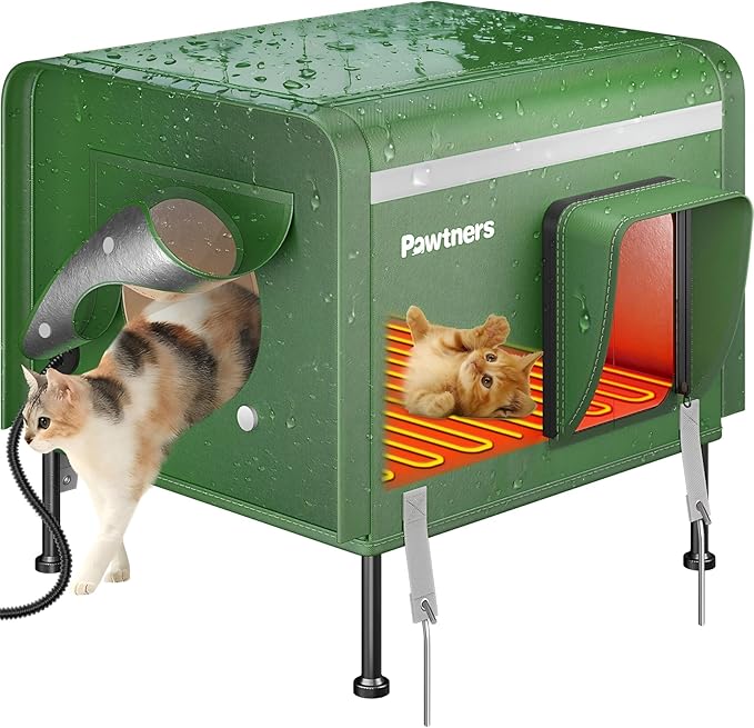 Pawtners Heated Outdoor Cat House for Outside Cats, 19'' Large Insulated Weatherproof Cat Shelter with Heated Pad, Elevated Feet & Escape Door, Warm Kitty House for Feral or Stray Cats in Winter