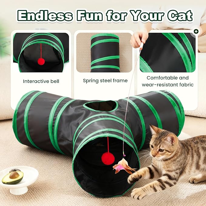 Love’s Cabin Cat Tunnel for Indoor Cats, 3-Way Collapsible Play Tunnel with Teaser Wand, Peek Holes & Toy Ball, Small Pet Toy for Kittens & Rabbits, Black & Green, Small Size