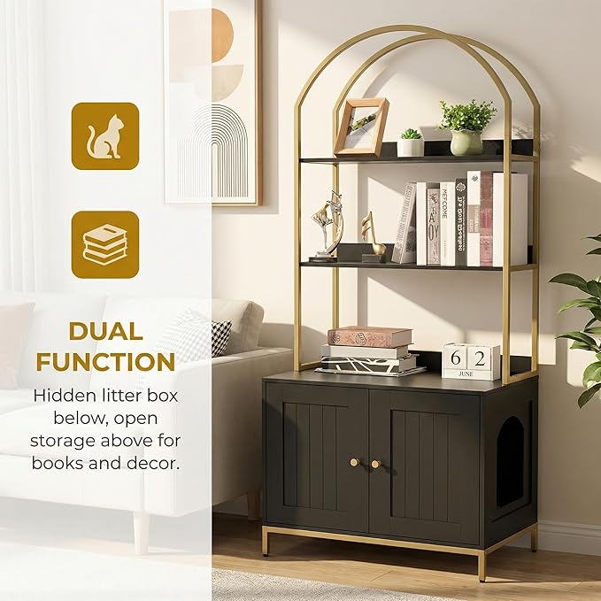 Homhedy Cat Litter Box Enclosure, Litter Box Furniture Hidden with 2-Tier Storage Shelves, Wooden Cat Washroom Furniture with Metal Frame, Modern Style, Black and Gold