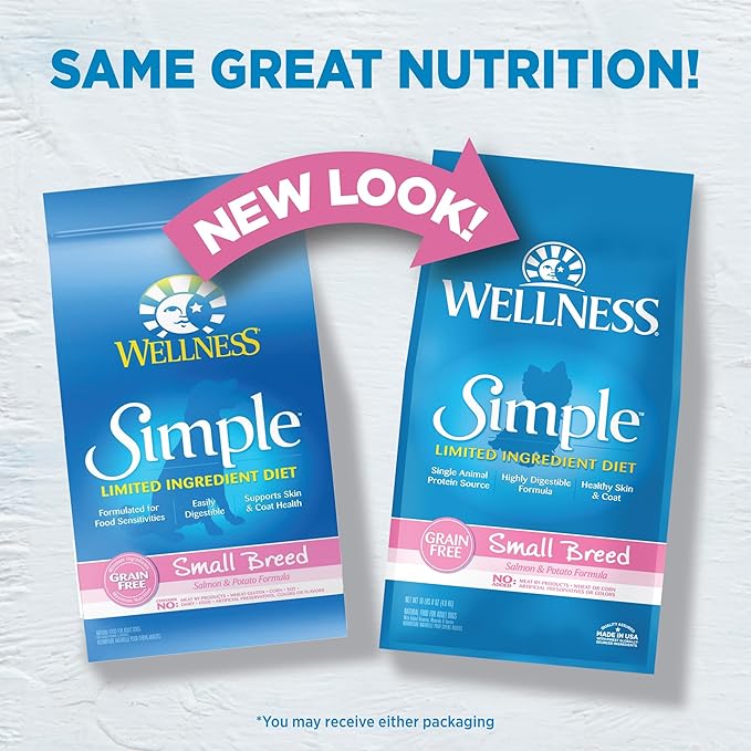 Wellness Simple Limited Ingredient Small Breed Adult Dry Dog Food, Grain Free Kibble, Sensitive Stomach, Skin & Coat Support, Natural, Chicken Free, Salmon and Potato Recipe, 10.5 lb Bag