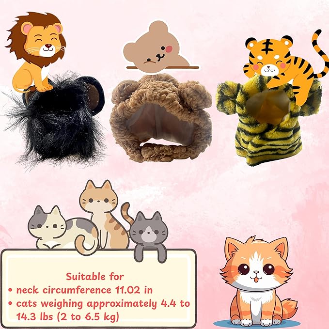 3pcs Cute Cats Hat Costumes Outfit - Lion Head, Tiger, Bear - Adjustable Pet Headwear for Parties, Halloween, Christmas, Easter (Lion, Bear, Tiger)