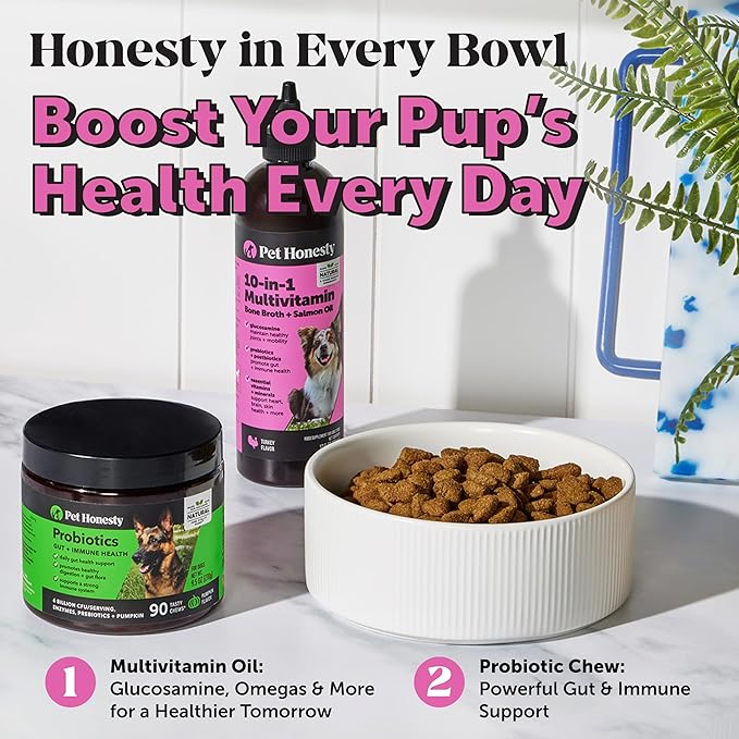 Dog Multivitamin Supplement with Salmon Oil for Dogs - Allergy Itch Relief, Digestion, Skin & Coat Health, Liquid Supplement - Dog Food Topper Bone Broth with Prebiotics (12 oz)