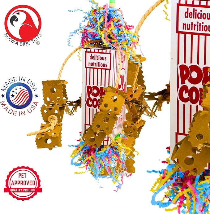 Bonka Bird Toys 2318 Popcorn Explosion 15" High by 5" Wide Medium Large Parrot Chew Bird Toy, Amazons, Conure, African Greys, and Other Similar Birds