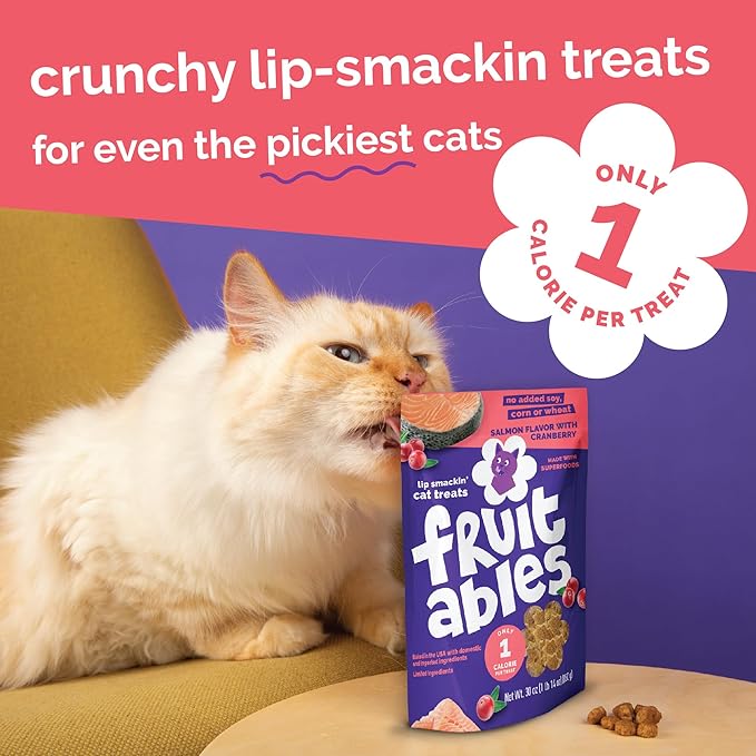 Fruitables Cat Treats - Healthy Low Calorie Crunchy Cat Treats - Packed with Protein, Limited Ingredients - Made with Real Salmon & Cranberry 2.5 oz (5 Pack)