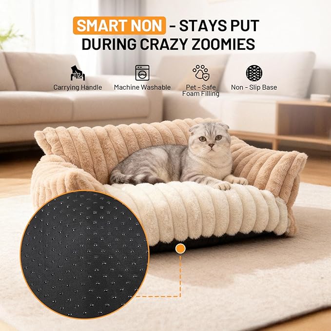 Pet Sofa Bed Washable - Cozy Supportive Cat Couch for Small Indoor Cat - Fluffy Puppy Dog Bed with Breathable Fabric