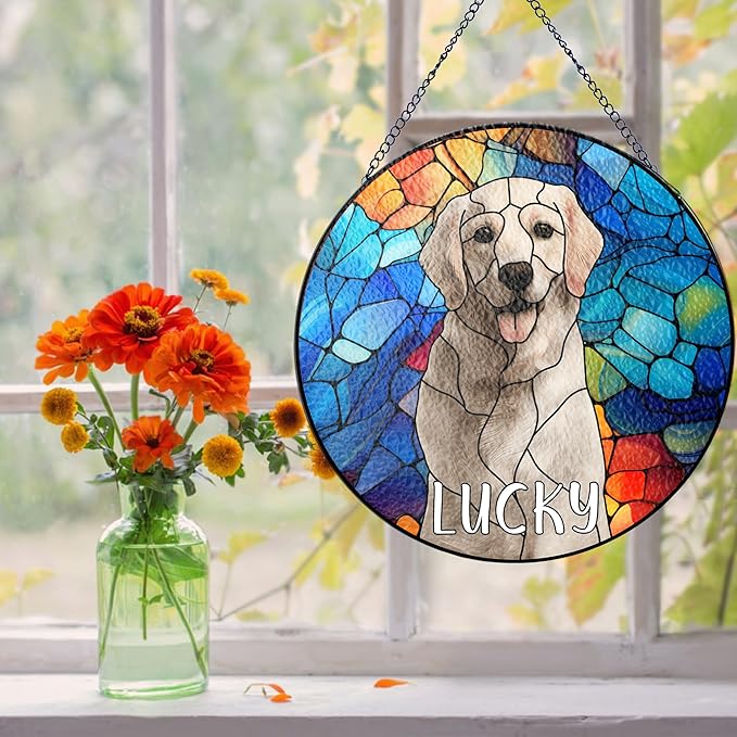 Lovely POD Personalized Pet Stained Glass Suncatcher, Custom Name Pet Photo Memorial Ornament Window Hanging, Remembrance Sympathy Gift for Loss of Pet Dog Cat, Bereavement Keepsake