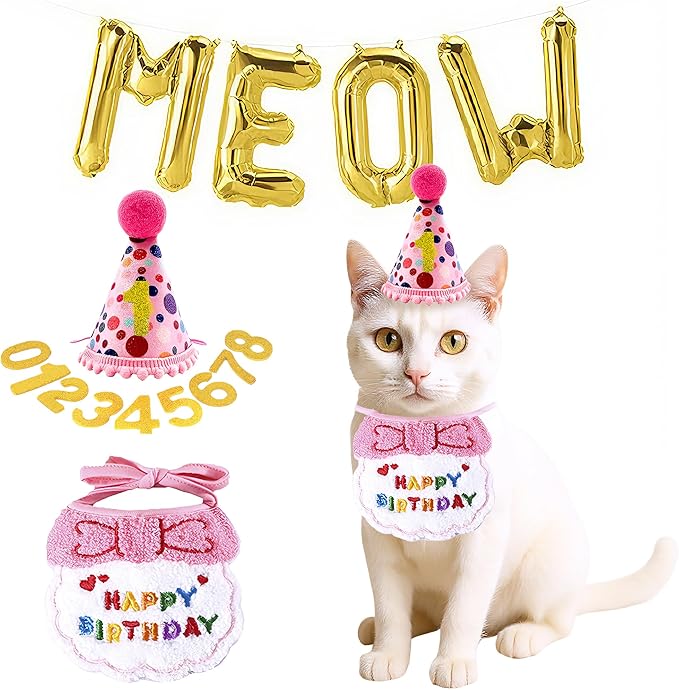 Cat Birthday Hat Decoration & Outfit Set - Adjustable Party Hat with Numbers, Bandana Bow Tie & Balloon Supplies for Cat Costume Photo Shoots (Pink)