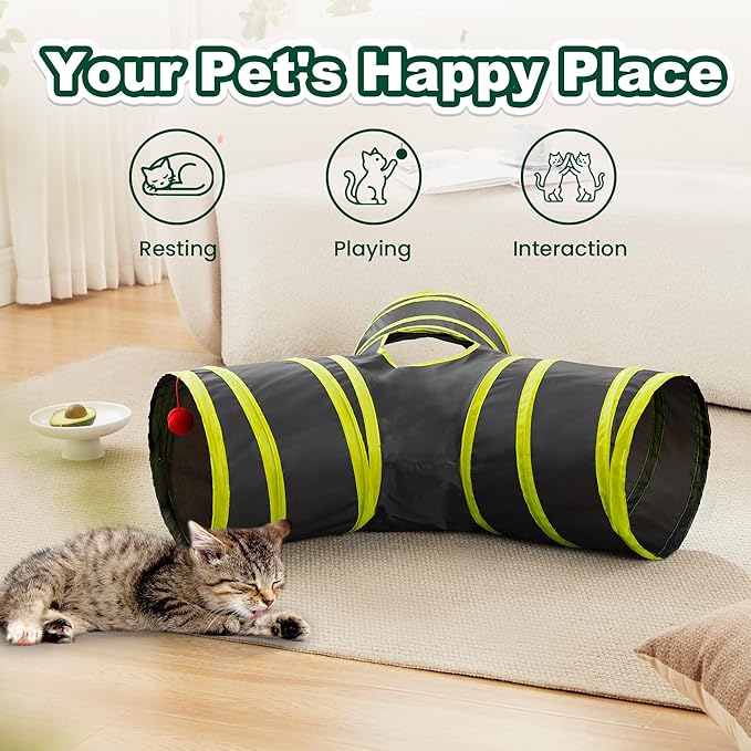 Love’s Cabin Cat Tunnel for Indoor Cats, 3-Way Collapsible Play Tunnel with Teaser Wand, Peek Holes & Toy Ball, Small Pet Toy for Kittens & Rabbits, Black & Yellow, Small Size