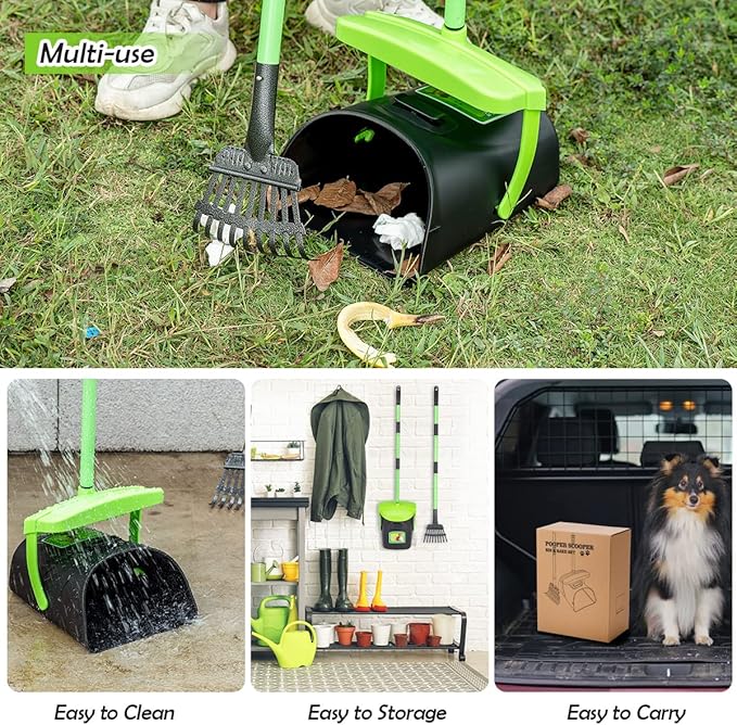 MXF Pooper Scooper Swivel Bin & Rake Kit with 100 Waste Bags, 36.6" Long Handle Dog Poop Scooper with Bag Attachment for Large Medium Small Dogs, Poop Scooper for Lawn Yard Dog Kennel