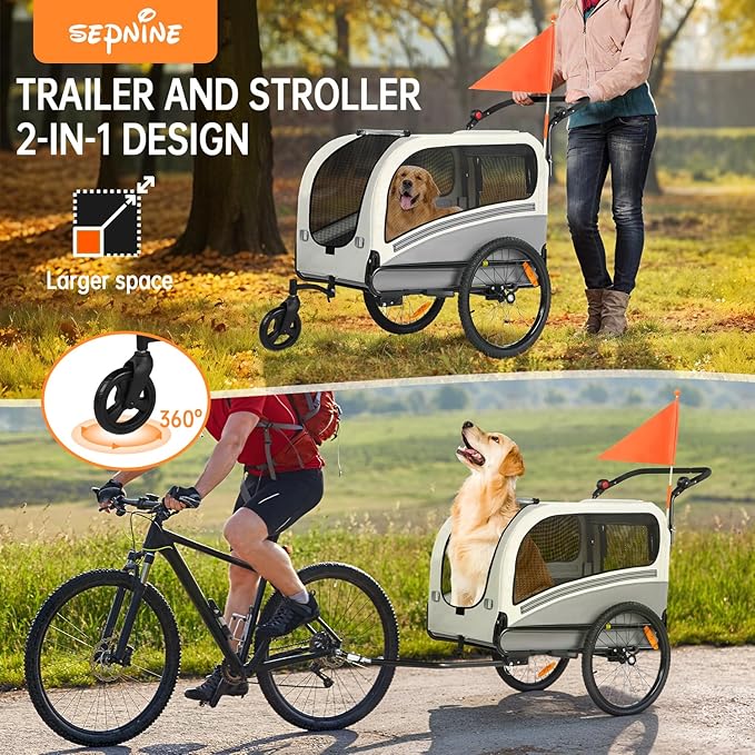 Sepnine Dog Bike Trailer, Supports up to 110 lbs, 2-in-1 Pet Stroller Cart Bicycle Carrier, Easy Folding Cart Frame with Quick Release Wheels, Universal Bicycle Coupler, Non-Slip Floor, Internal Leash