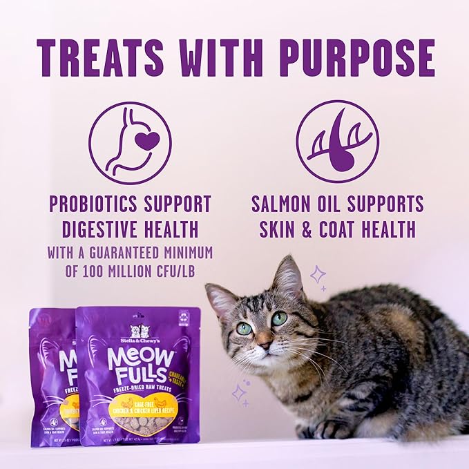 Stella & Chewy's Meowfulls Freeze Dried Cat Treats - Chicken & Chicken Liver Recipe - Raw Protein with Probiotics & Salmon Oil - 1 Calorie Per Treat - 1.5 oz
