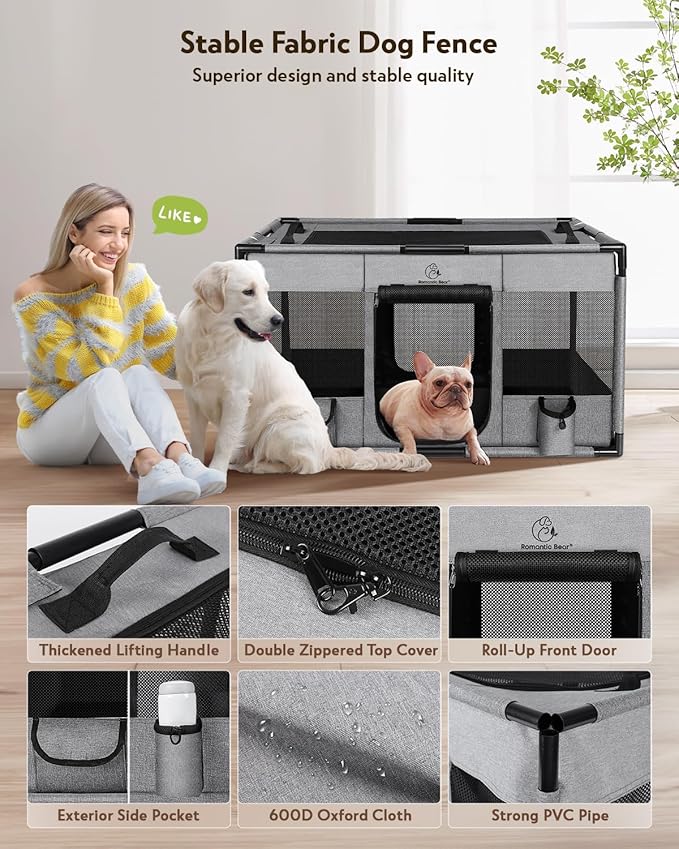 Dog Playpen,Fabric Fence, Portable Soft Cat Kennel Crate,Breathable Exercise Puppy Pen,PVC Pipe Frame,Indoor Outdoor Cage for Medium Animals Under 50 Ibs with Carrying Case(Grey L)