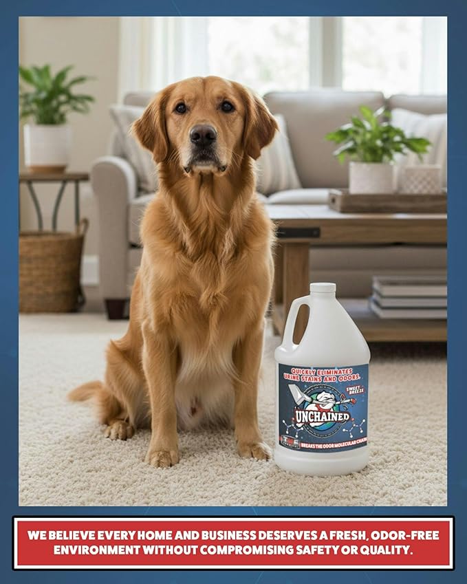 Unchained Urine Stain & Odor Remover – Cleaner for Dog & Cat, Pet Odor Eliminator on Carpet & Furniture, Industrial Strength Urine & Feces Neutralizer, Sweet Breeze – 1Gallon