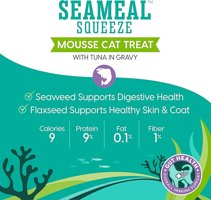 Solid Gold SeaMeal Squeeze Tuna Lickable Cat Treats with Seaweed for Skin & Coat - Wet Cat Treats with Digestive & Immune Health Support - Natural, Holistic, Grain Free (48 Squeezes)
