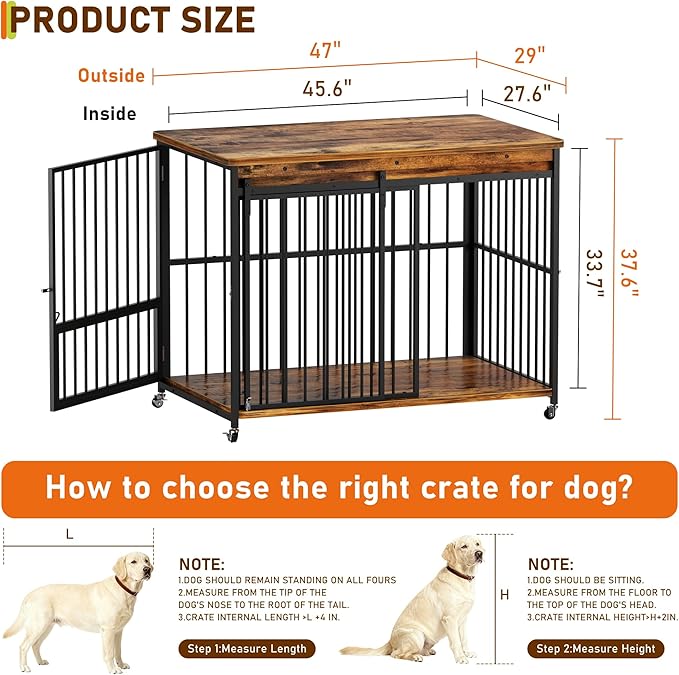 Dog Crate Furniture, 47’’ Wooden Dog Kennel Indoor with Sliding Front Door, Multi-Side Openings & Feeding Window Pet Cage House as TV Stand(Brown)
