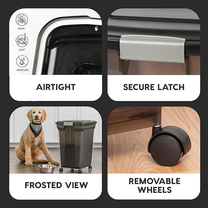 IRIS USA Dog Food Storage Container 58 lbs, Attachable Wheels, for Dog Cat Birds and other Pets, Food Storage Bin, Keep Fresh, Easy Mobility, BPA Free - Made in the USA, Black