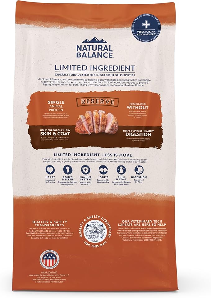 Natural Balance Limited Ingredient Adult Dry Dog Food with Healthy Grains, Reserve Duck & Brown Rice Recipe, 22 Pound (Pack of 1)