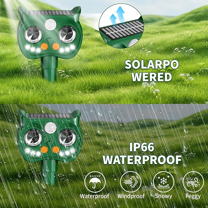 2 Pack 2026 Upgraded Solar Ultrasonic Animal Repellent Outdoor – Motion Activated Deer, Squirrel, Cat, Raccoon, Dog & Bird Deterrent with Multi-Frequency LED Strobe & Ultrasonic Sweep for Yard Garden
