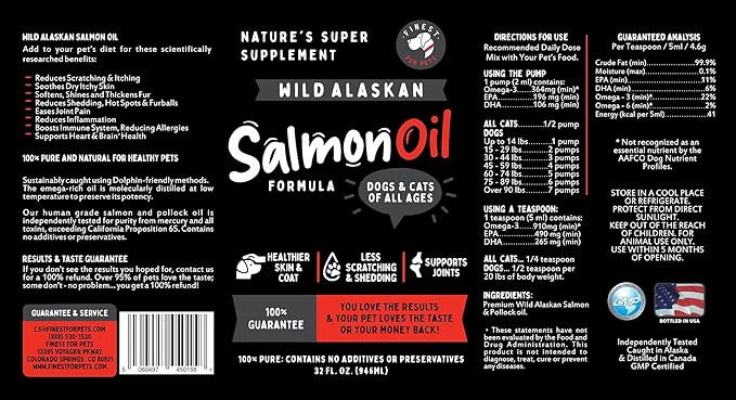 Wild Alaskan Omega-3 Blend Pollock + Salmon Oil for Dogs & Cats (32oz). 100% Pure Fish Oil Supplement with EPA & DHA for Joints, Skin & Coat, Itching, Shedding, Immune & Heart. Tasty & Easy to Give.