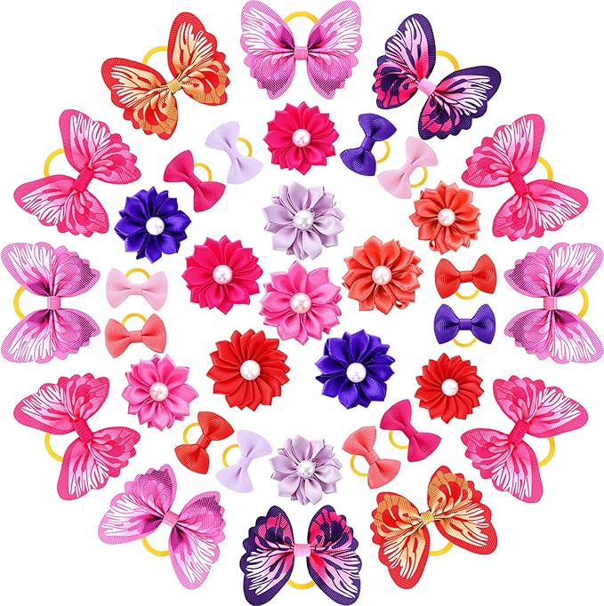 Janinka 36 Pieces Dog Hair Bows with Rubber Bands Easter Butterfly Bows for Small Size Dog Girl Flower Pearls Elastic Hair Ties Bands for Pets Puppy Cats Grooming Accessories(Vibriant Color)