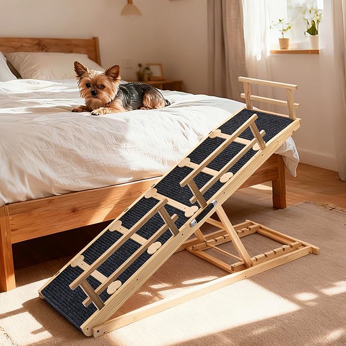 COSIEST Dog ramp for Bed and Couch, Wooden Pet Ramp Folding Portable for Couch and Bed, 64.5 Inch Long and Height Adjustable Dog ramp with Anti-Slip Grip & Safety Rails, Up to 200lbs, Wood