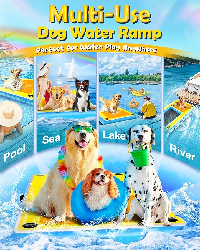 Inflatable Dog Pool Water Ramp – 60"x40" Extra Large Boat Ramp for Dogs Up to 240 lbs, Non-Slip EVA Foam Inflatable Dock Floating Platform, Pool Floats Platform for Lakes, Boats& Oceans