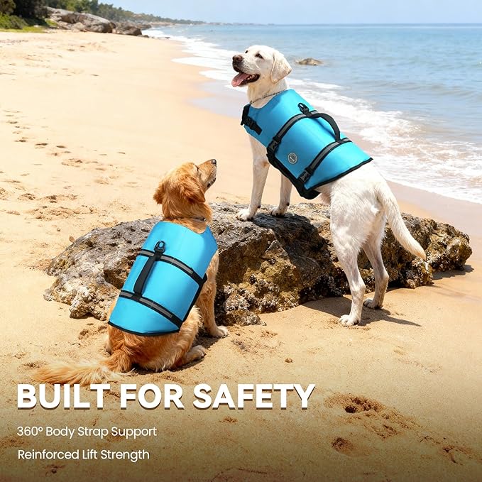 VIVAGLORY Rip Stop Dog Life Vest, Swimming Vest with Handle, Buoyancy for Doggy Puppy, Dog Life Jacket for Swimming & Boating, M, Blue