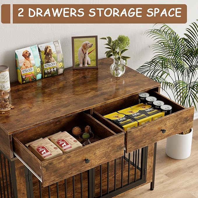 PUKAMI 44inch Large Dog Crate Furniture with Drawers, Wooden Dog Kennel Furniture for Indoor use, Brown End Table Dog House, for Small/Medium/Large Dog