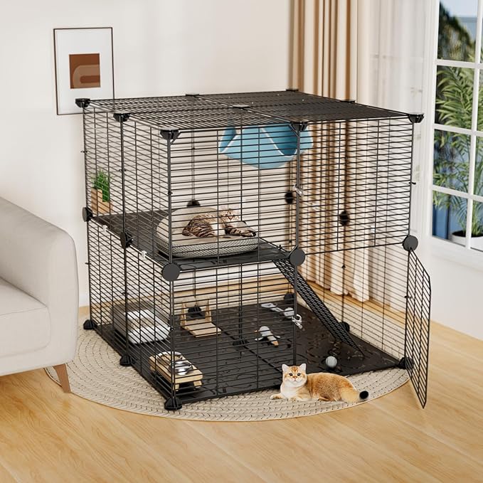 Medium Cat Cage Indoor: Enclosed Cat Enclosure DIY Pet Playpen Detachable Metal Wire Kennel Sturdy Crate with Hammock for Cats Kitten