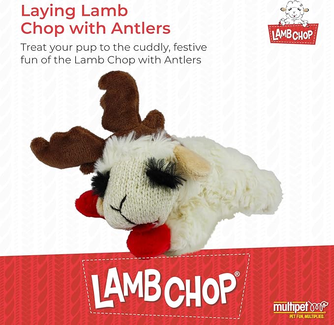 Multipet Lamb Chop Dog Plush Toy w/ Holiday Antlers - Squeaky Toy for All Dogs - Extra Soft Plush - Stuffed Animal for Cuddling & Playing (6”, Cream/Brown)