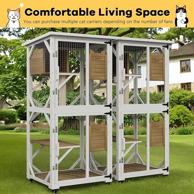 OFIKA Cat House Catio Outdoor Enclosure with Waterproof Roof,71'' cat House & Condos on Wheels for Outdoor Patio,Cat Window Box,Scratching Post（White）