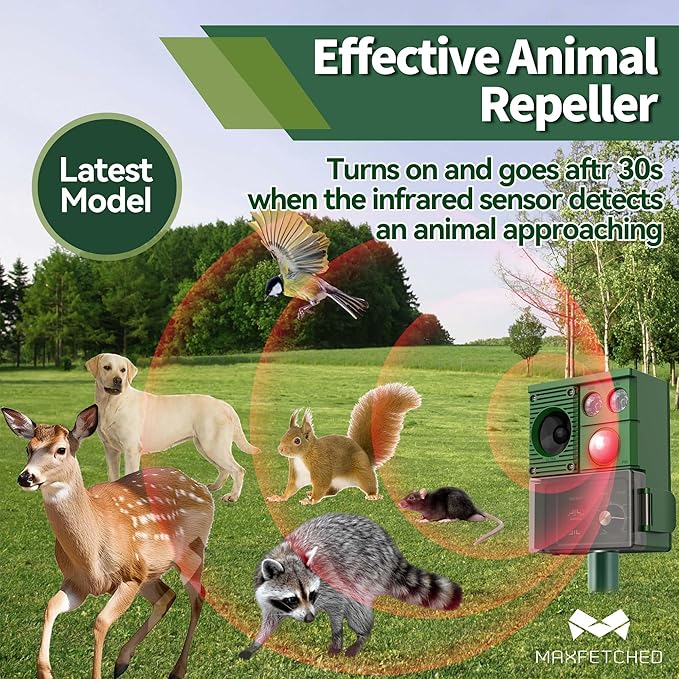 Solar Animal Repellent, 3-in-1 Squirrel Repellent Cat Deer Raccoon Rodent Repellent Ultrasonic Outdoor, Pest Repeller with Motion Activated for Yard Lawn Attic, Dog Skunk Bird Deterrent