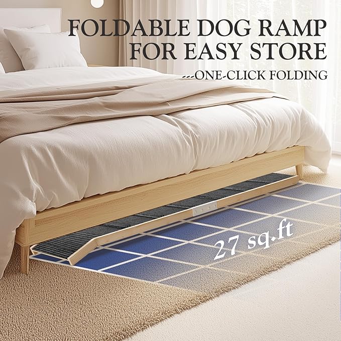 Easyego Foldable Dog Ramp for Bed and Couch, 74" Wood Pet Ramp with Side Rails and High Traction Carpet, 22° Gentle Long Slope, Top Landing Platform, Supports up to 200 LBS for Senior Dogs - Natural