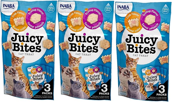 INABA Juicy Bites Grain-Free, Soft, Moist, Chewy Cat Treats with Vitamin E and Green Tea Extract, 0.4 Ounces per Pouch, 9 Pouches Total (3 per Bag), Scallop and Crab Flavor