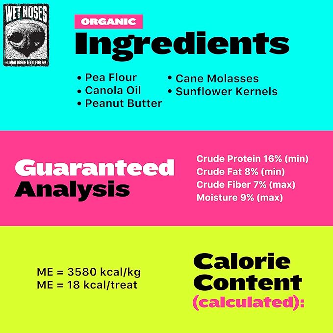 Wet Noses Organic Crunchy Dog Treats – All-Natural, Human-Grade, Non-GMO, Healthy Training & Delicious Snacks for Dogs, All Dog Sizes & Breeds – Grain Free Peanut Butter & Molasses, 14oz (Single Pack)