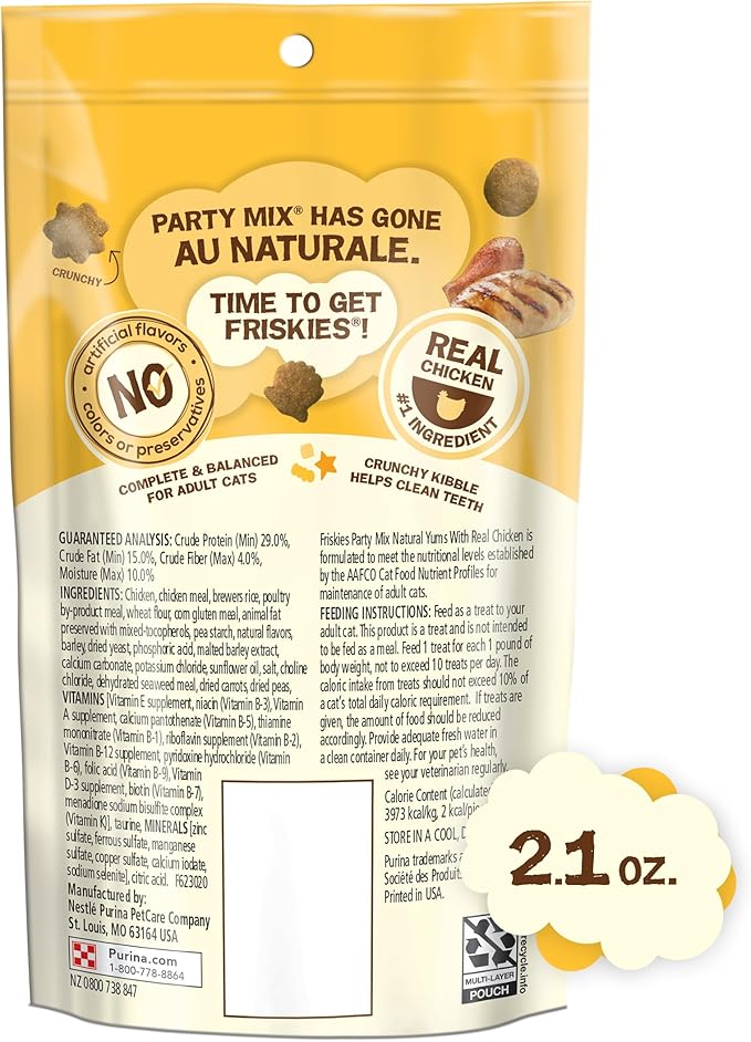 Purina Friskies Natural Cat Treats, Party Mix Natural Yums With Real Chicken & Vitamins, Minerals & Nutrients - (Pack of 10) 2.1 oz. Pouches