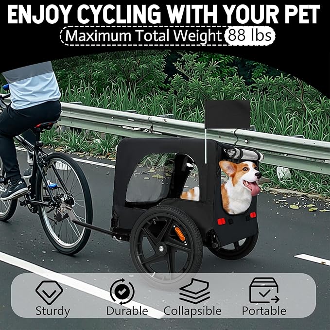 Anwick Dog Bike Trailer, Heavy Duty Dog Trailer for Bicycle, Cart Pet Bike Carrier with 3 Doors, 16" Wheels, Flag, Collapsible to Store, Pet Cart Bicycle Carrier for Small and Medium Pets